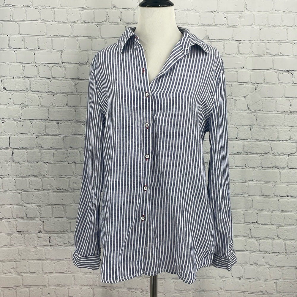 Sigrid Olsen Blue Striped 100% Linen Coastal Grandma